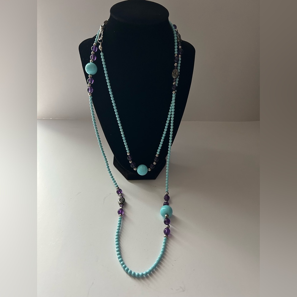 Vintage ROCCE Italy 925 sterling silver long amethyst & skull beaded necklace.
